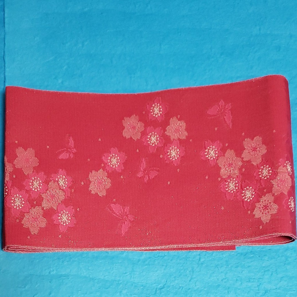 ひとえ 半幅帯 ゆかた帯 桜 蝶 バタフライ 紅色 ローズピンク ラメ入り 女性用 レディース 帯 和装小物