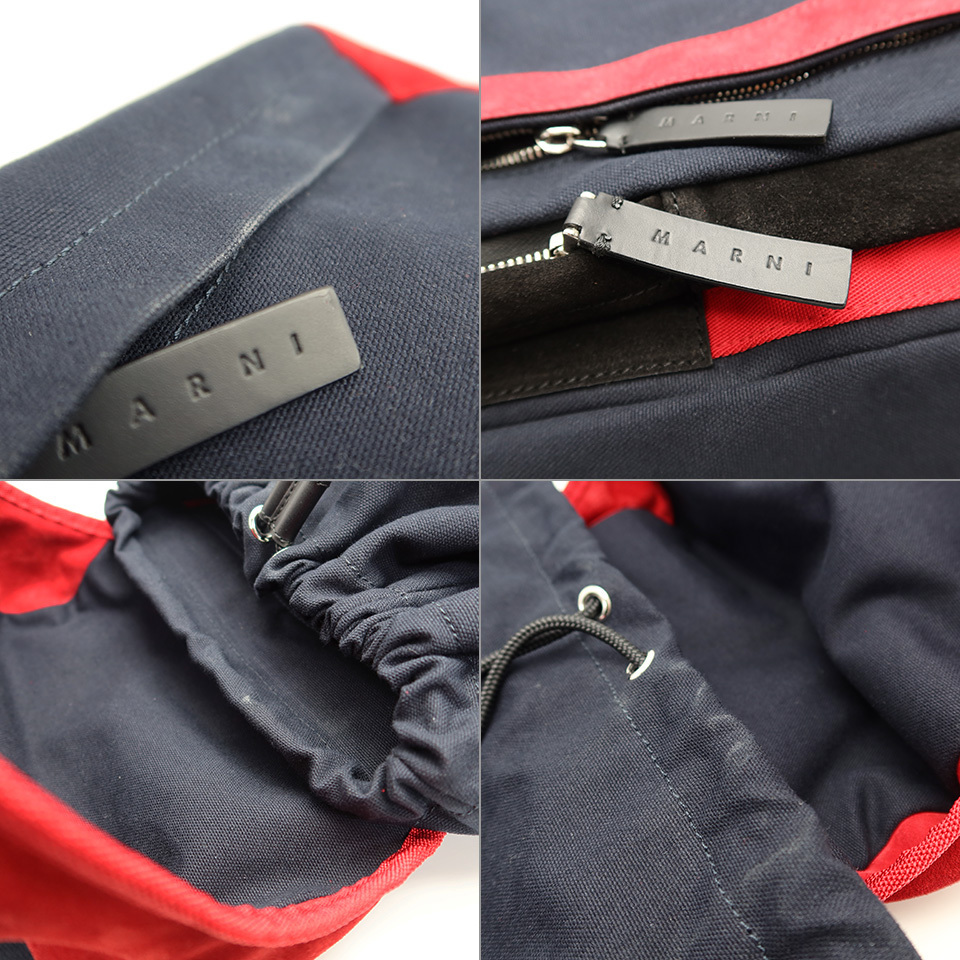 マルニ バックパック コットン×スエード ネイビー×レッド×シルバー金具 【丸万質舗】_画像5