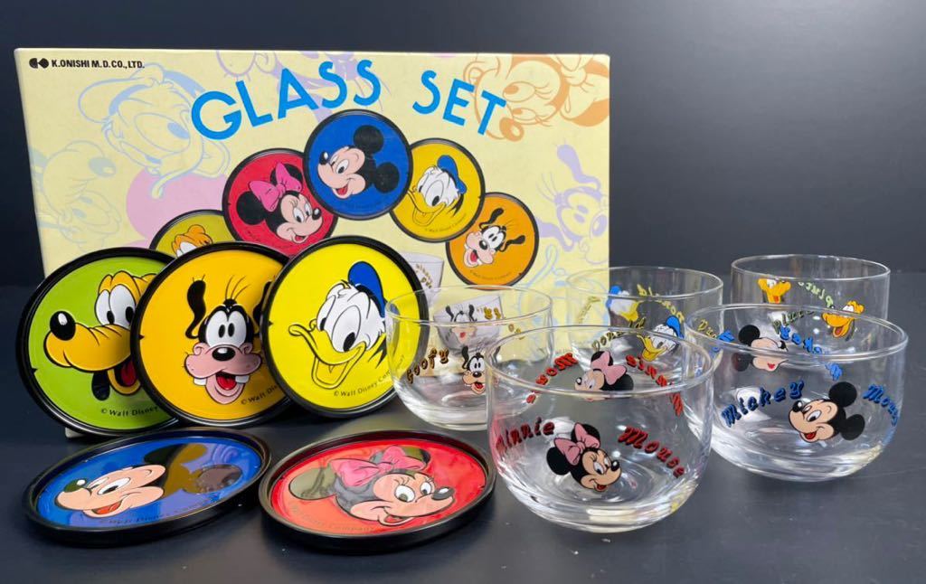 ディズニー グラスセット 5客揃 冷茶 グラス コースター セット 大西賢製販 ミッキー ミニー ドナルド グーフィー プルート ガラス コップ_画像1