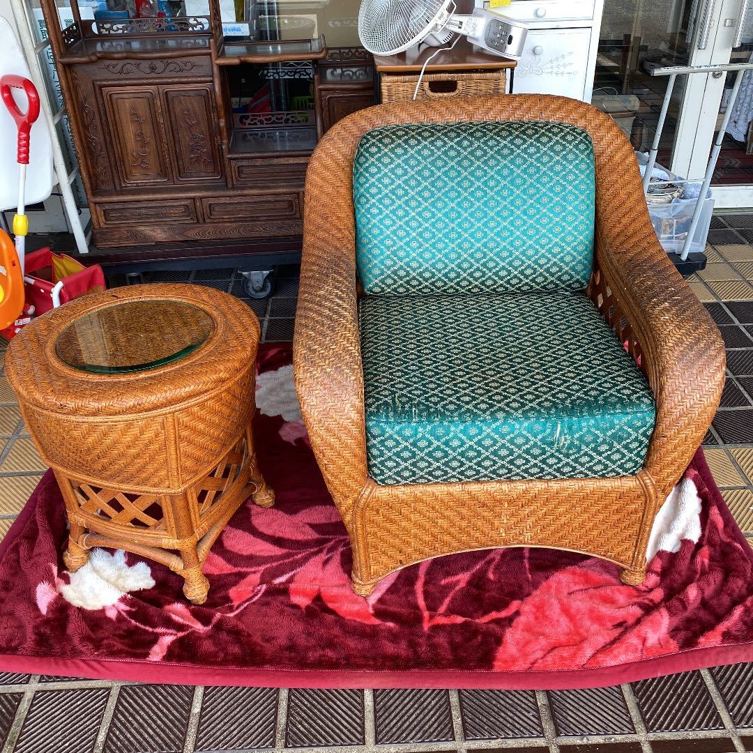 引き取りのみ 藤家具 ラタン 丸テーブル ソファ ガラステーブル