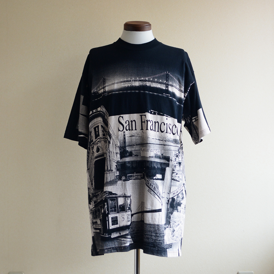 90-00s SAN FRANCISCO 総柄プリントTシャツ 表記XL 黒 / 90s ALL OVER PRINT サンフランシスコ Edwards Teez ビンテージ 古着 USA