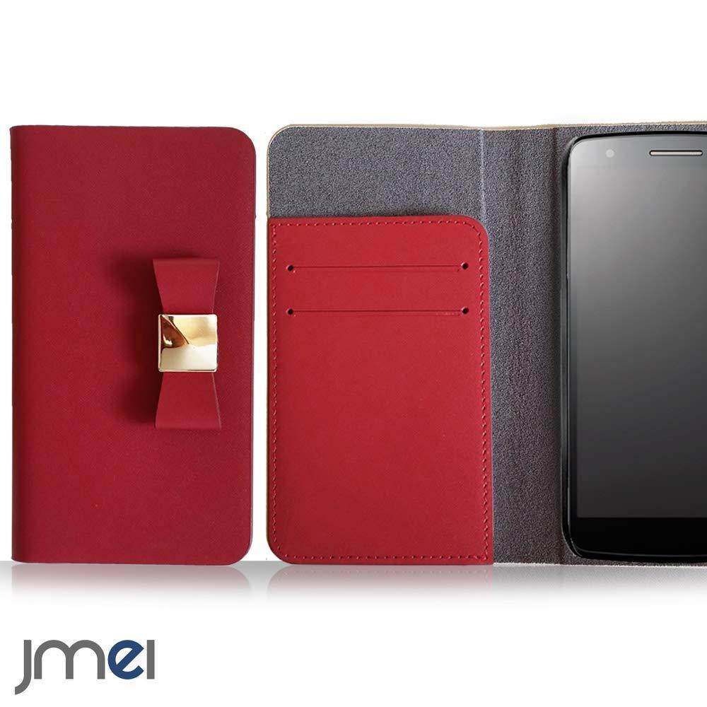 アンドロイド One X5 y!mobile(レッド)リボンチャーム 本革 手帳型 携帯カバー simフリー スマホ レザー カード収納付