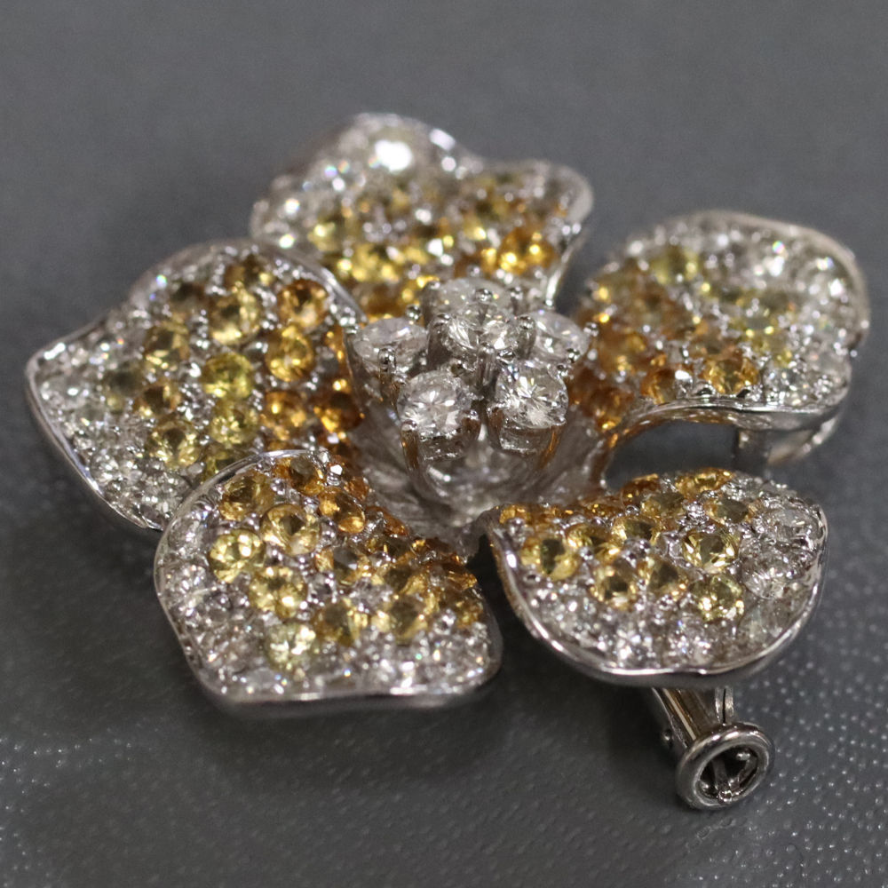 K18 yellow sapphire diamond flower brooch / pendant top S2.45 D1.00 7.3g