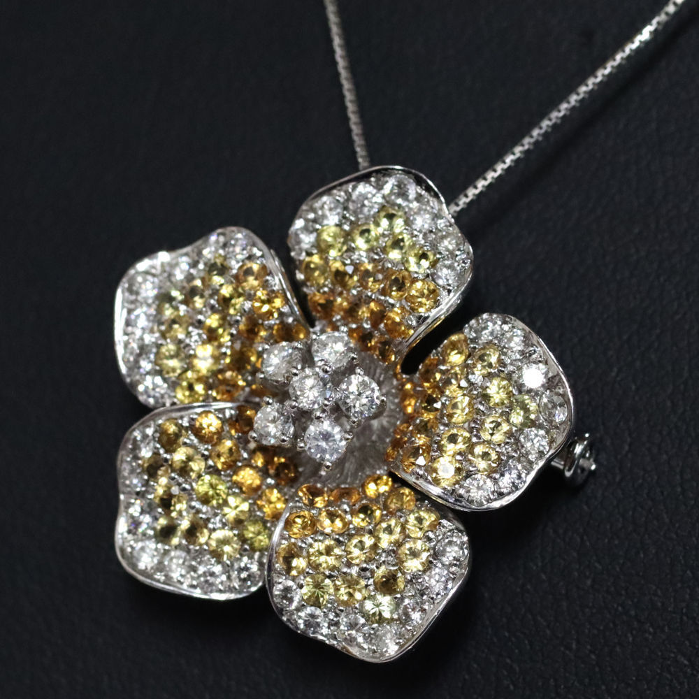 K18 yellow sapphire diamond flower brooch / pendant top S2.45 D1.00 7.3g