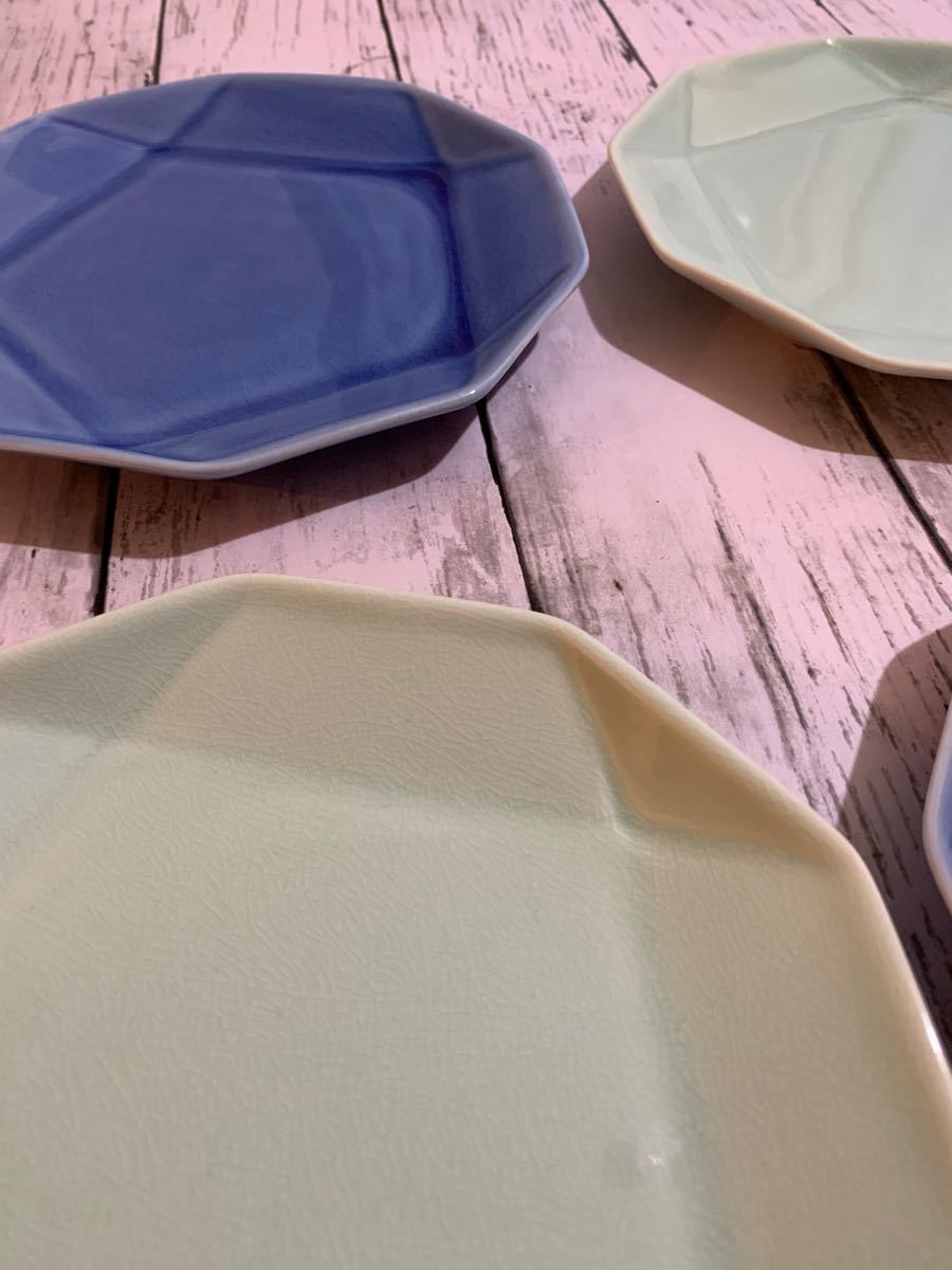 五角形 ブルー&グリーン中皿 4枚 デザート皿 副菜皿 和洋食器 オシャレ カフェ風