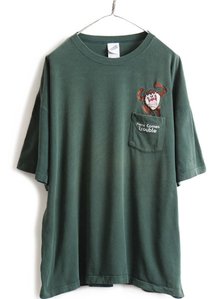 90s 大きいサイズ XXL ■ ワーナー タズマニアンデビル 刺繍 半袖 Tシャツ ( メンズ レディース ) 古着 90年代 ルーニー テューンズ ポケT_画像1