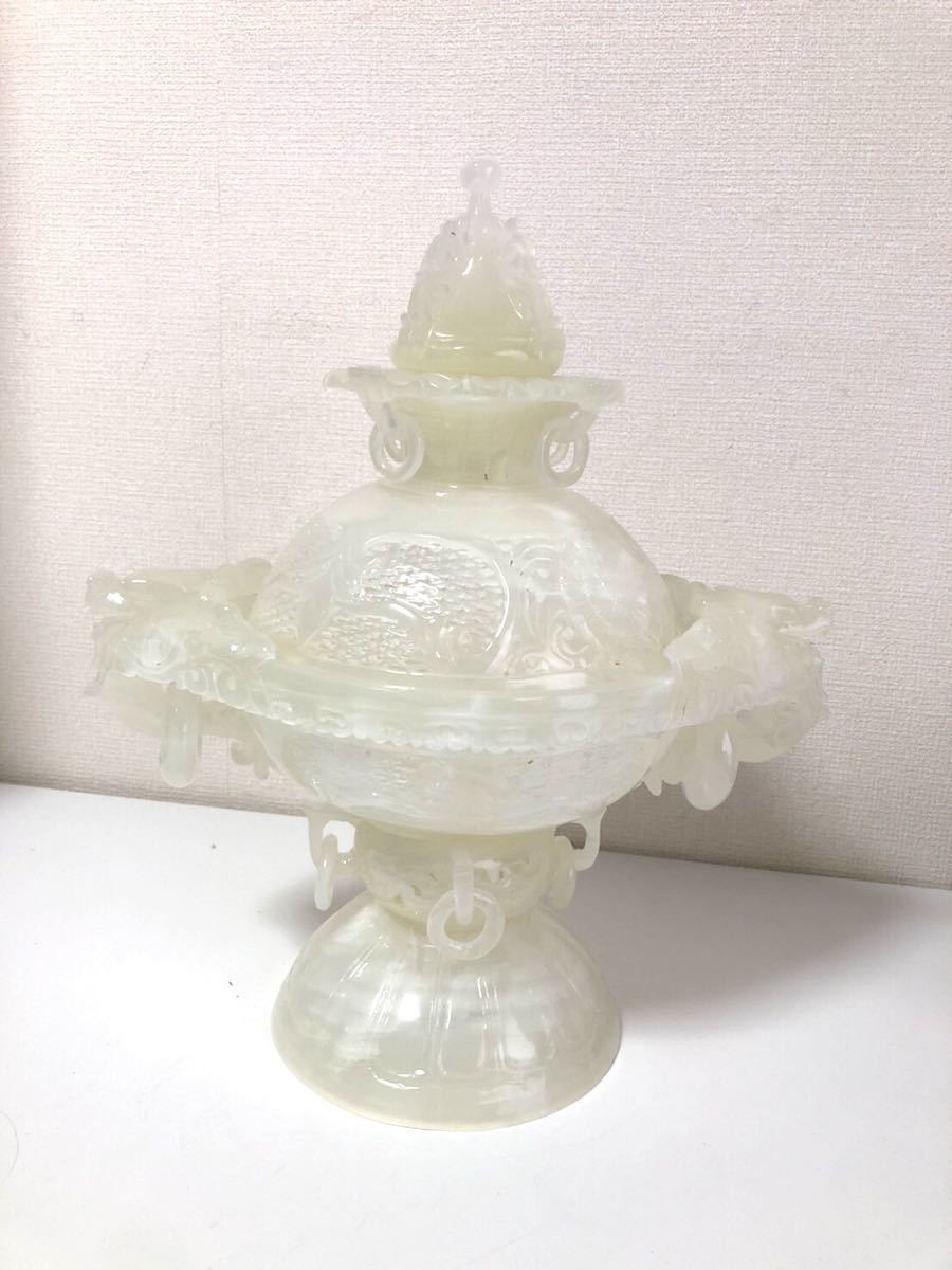 中国美術】☆希少品☆白玉香炉/透彫/蓋物/香炉/耳飾香炉/彫刻香炉/中国
