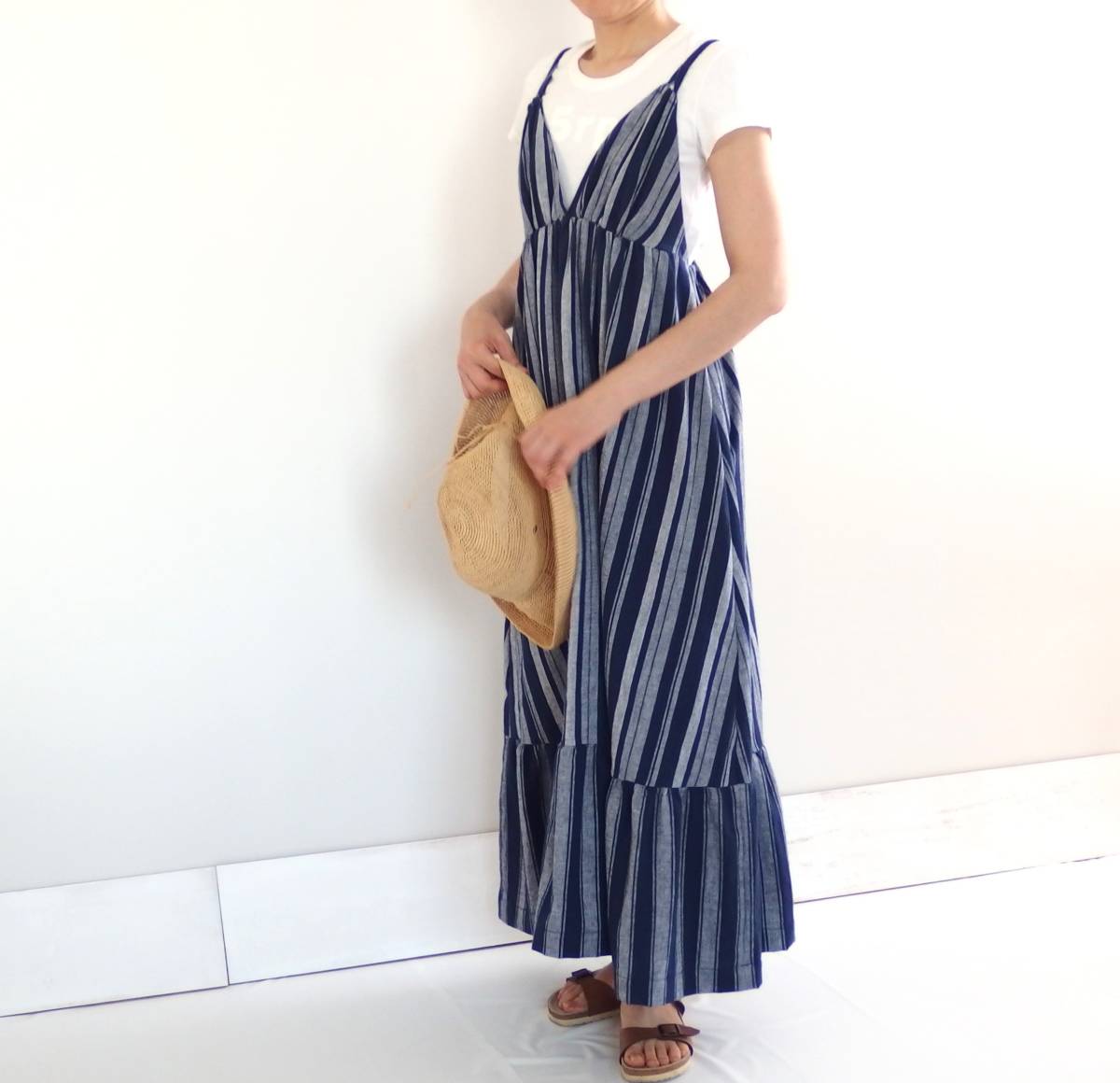 ◎　Handmade 　コットン・ストライプ　ロング　スリップドレス　サマードレス　キャミワンピース　色×ネイビーブルー_画像4