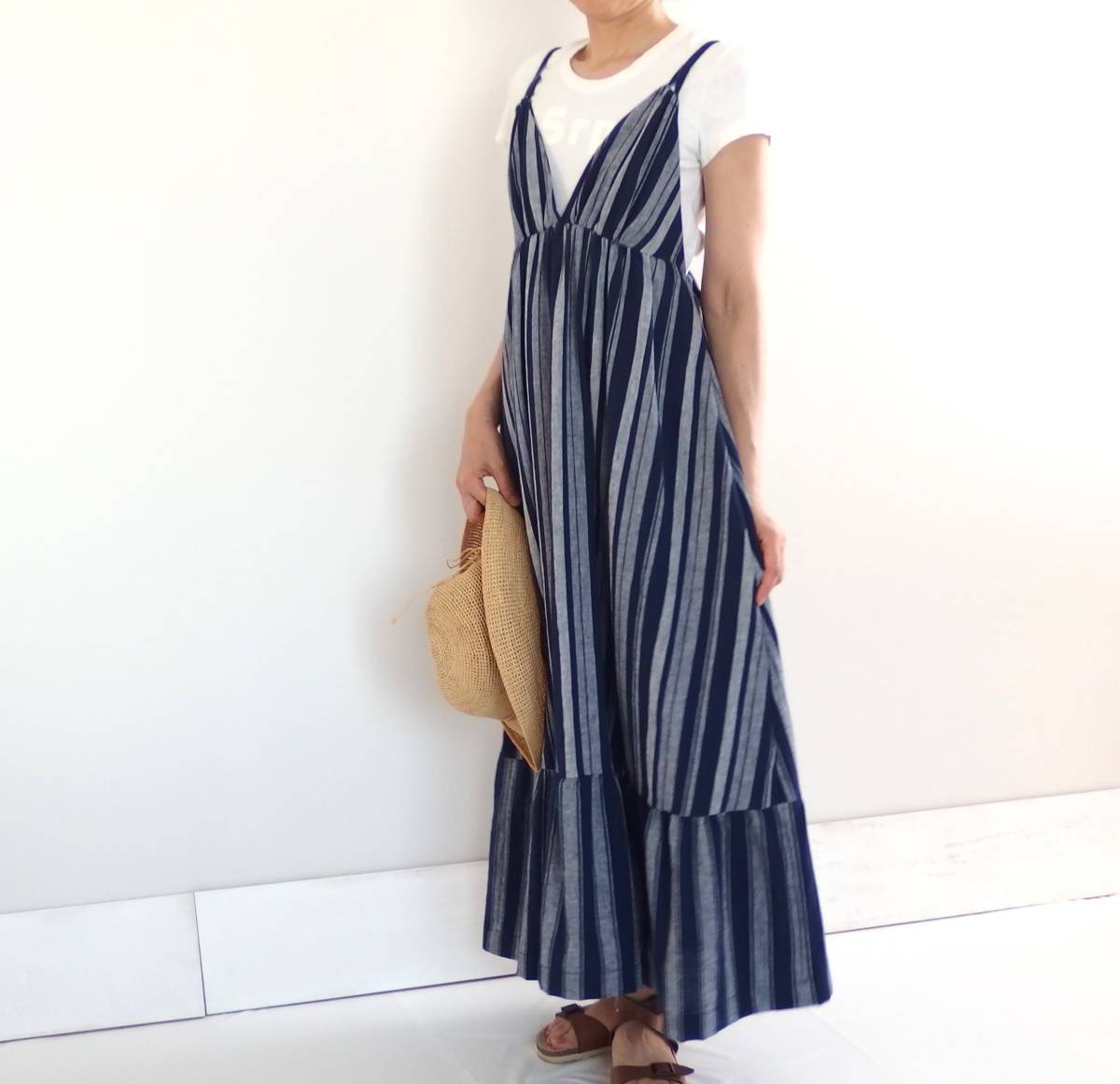 ◎　Handmade 　コットン・ストライプ　ロング　スリップドレス　サマードレス　キャミワンピース　色×ネイビーブルー_画像5