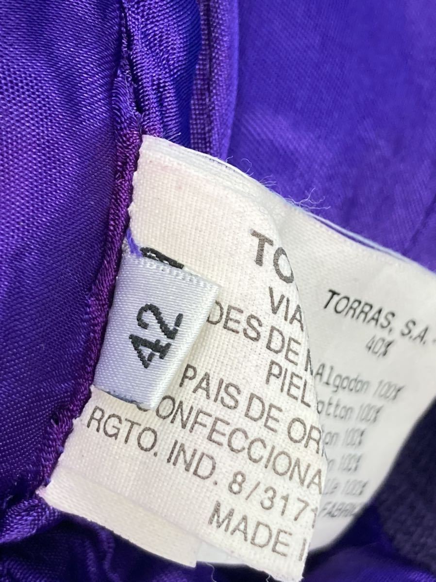 【A4116N142】スペイン製 TORRAS トーラス 革 × コットン レザー ジャケット ジャンパー 42 パープル 紫 お洒落 レディース ブルゾン_画像5