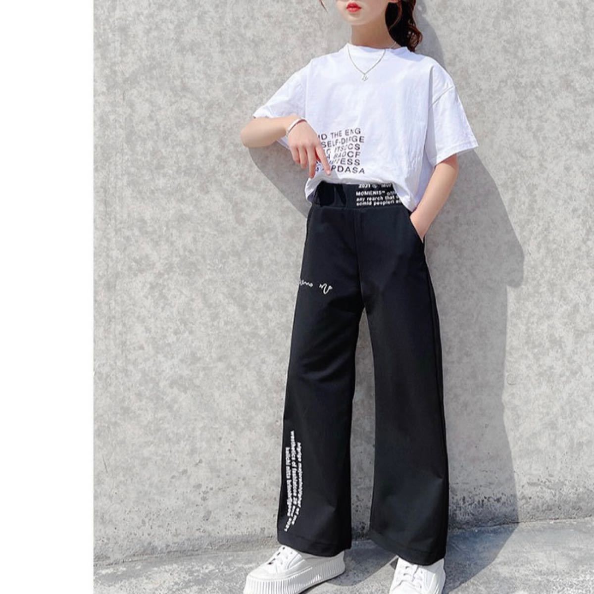 100%品質 Tシャツワイドパンツ 150 キッズ 女の子 セットアップ 白Tシャツ 黒ワイドパンツ ダンス