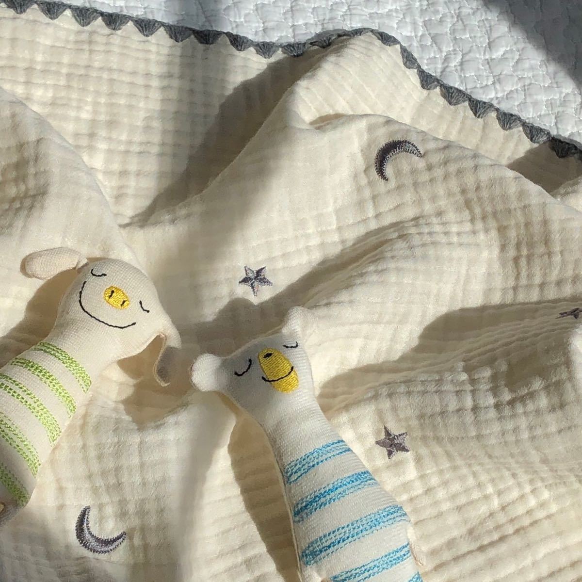 新品 月と星ブルーグレー刺繍3重ガーゼブランケット おくるみ 韓国