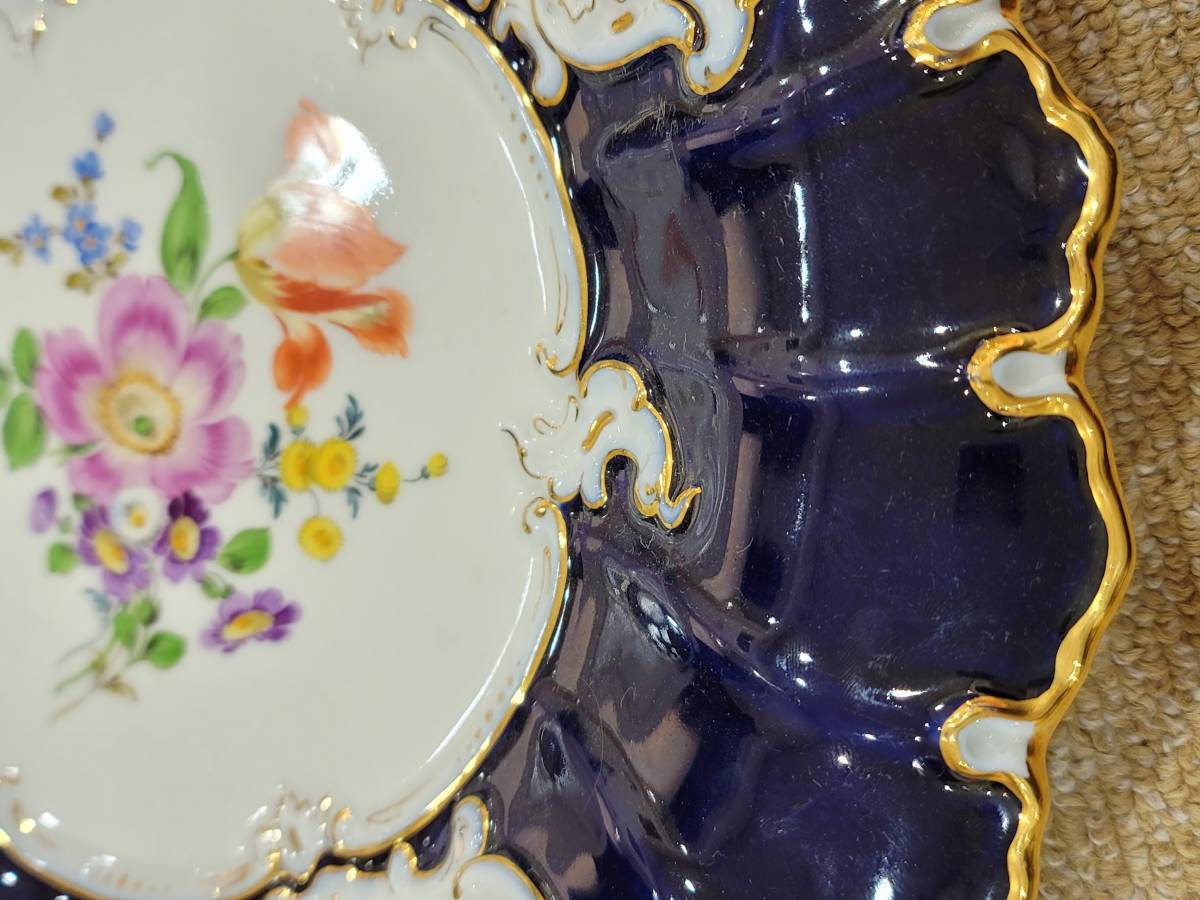 オールド【マイセン/MEISSEN】 最高級Bフォーム 金彩コバルトブルー五つ花フラワーブーケ飾り皿 直径30.5cm