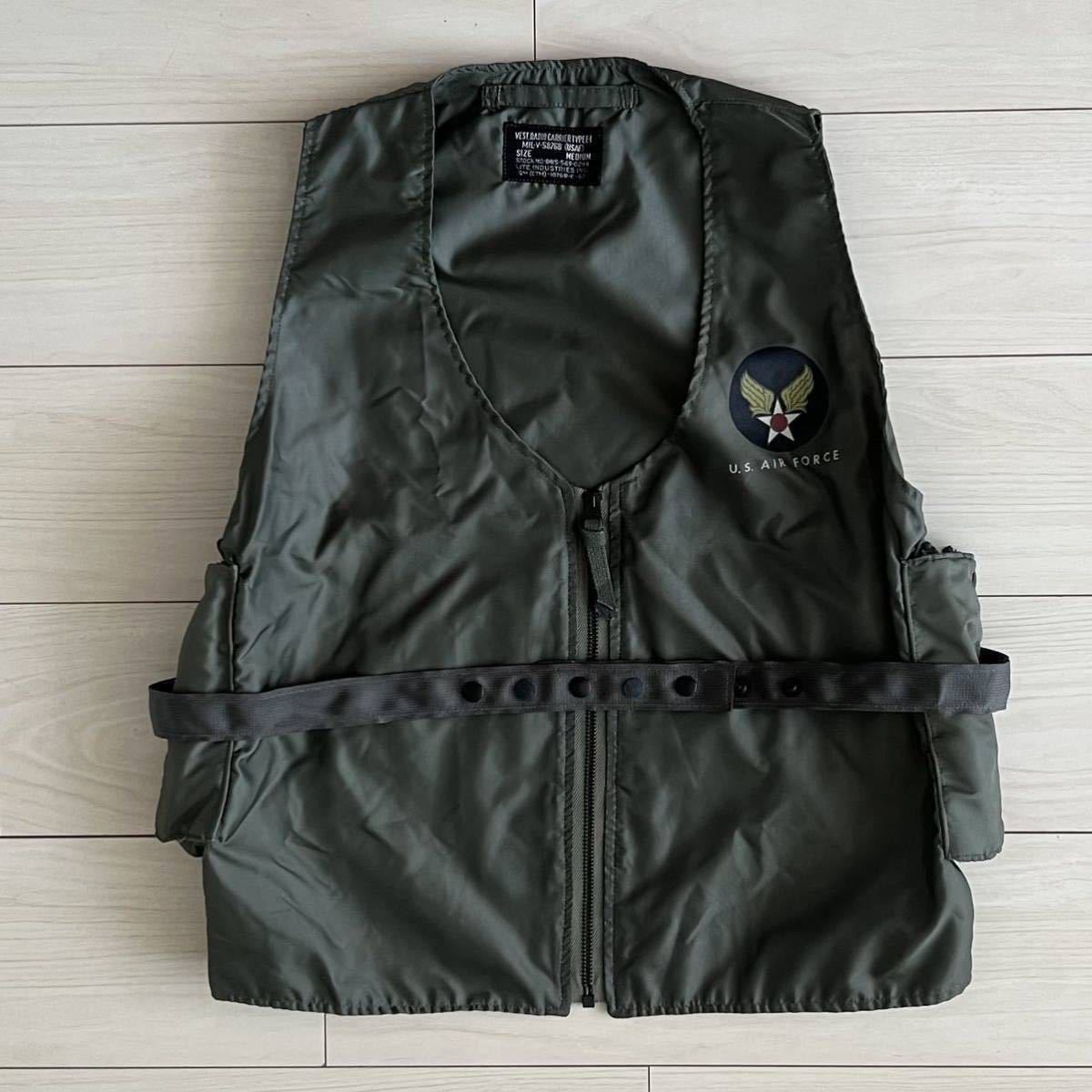 良品 U.S.AIR 38S FORCE E-1 90s~ RADIO VEST 着脱ライナー付き ラジオベスト ポプリンジャケット ヴィンテージ 60s USAF 米軍実物 ミリタリー Mサイズ ●14 米空軍 カーキ スウェングトップ 米軍 撥水加工 USAF メンズ USA製 ミリタリー