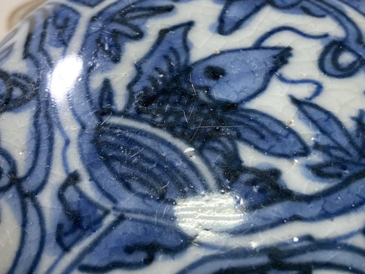 合器 【魚図合子 大 呉須 染付 明 青花 花絵 花文 古染付 骨董 中国骨董 時代物 中国古玩 明 清 唐物 合子 香合 茶道具 】