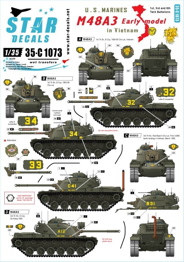 スターデカール 35-C1073 1/35 M48A3初期型 アメリカ海兵隊 イン ベトナム 第1,3,5戦車大隊_画像1