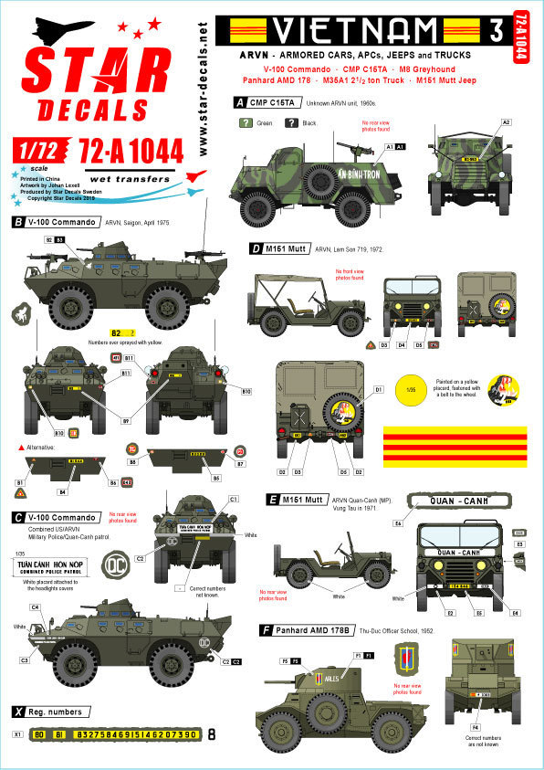  Star decal 72-A1044 1/72 Vietnam #3 Vietnam also peace country land army V-100 commando u/ gray is undo& south Vietnam army. AFV