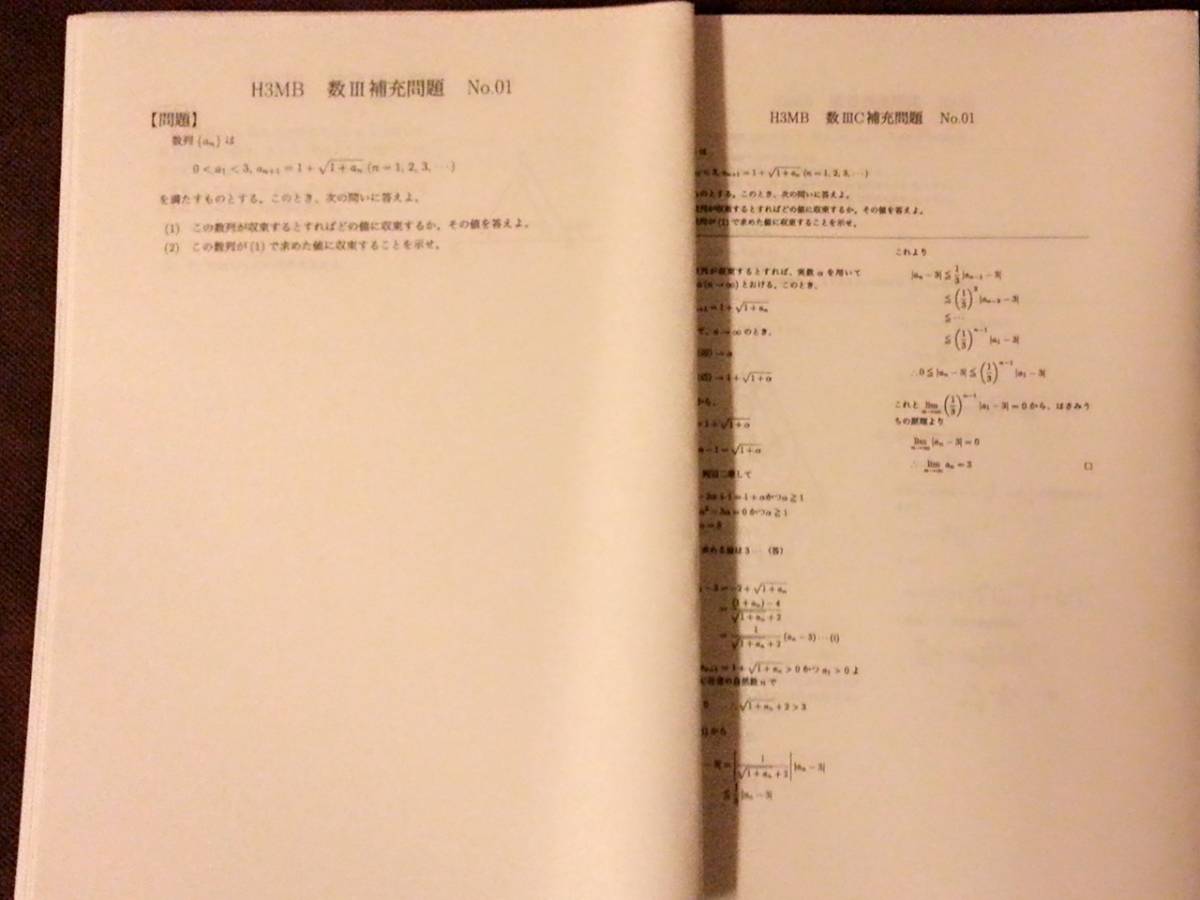 テキスト○鉄緑会○H3MB数Ⅲ補充問題　高3数学○解説解答 河合塾　駿台　鉄緑会　Z会　東進