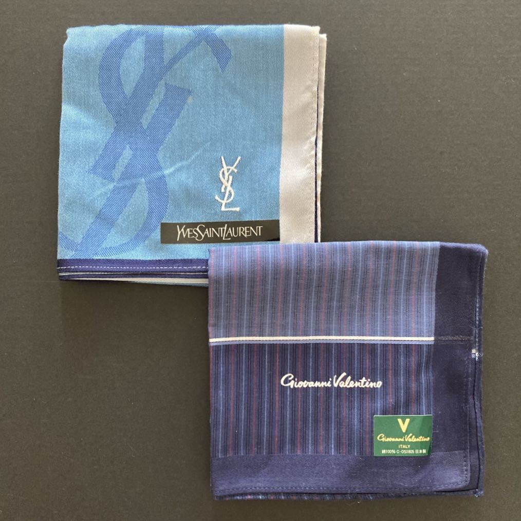 【新品未使用】YVESSAINTLAURENT YSL イブサンローラン メンズハンカチ Giovanni valention セット まとめ売り ポケットチーフ スカーフ 青_画像1