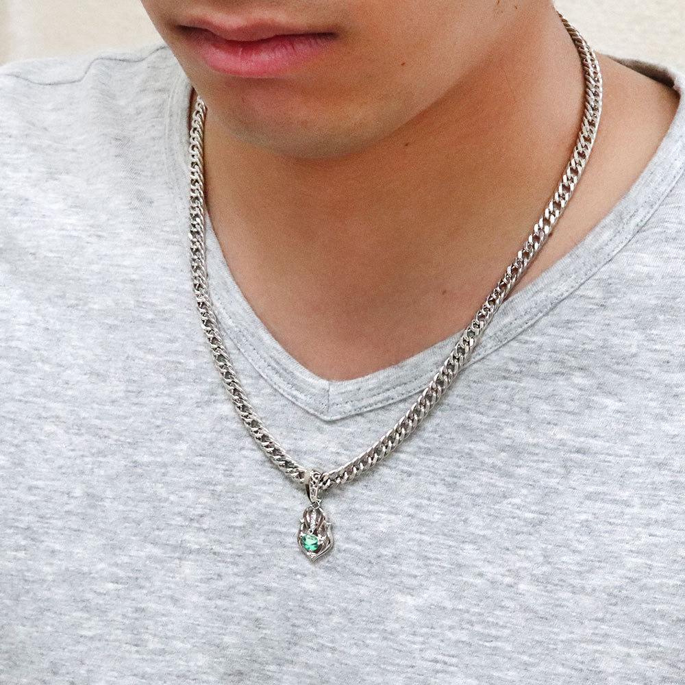 シルバー925 ネックレス メンズ 喜平 太め チェーン 幅広 エメラルド