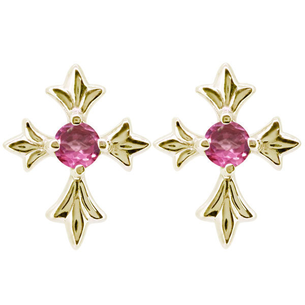 クロス ピアス 18k メンズ 十字架 ピンクトルマリン 誕生石 10月 ...