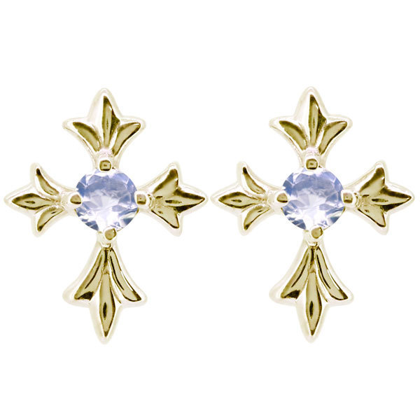 クロス ピアス 18k メンズ 十字架 ロイヤルブルームーンストーン 誕生石 6月 スタッドピアス