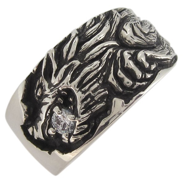 シルバーリング ウルフ 狼 ダイヤモンド 4月誕生石 メンズ 指輪 シルバー_画像1