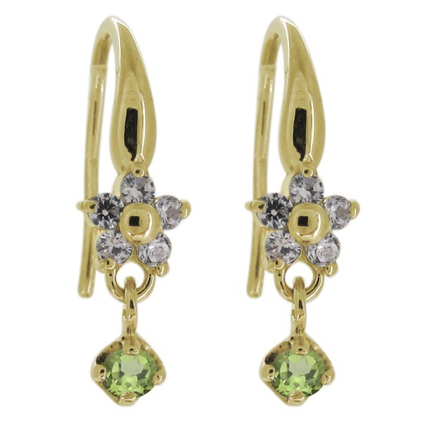 ピアス ゆれる 花 フラワー ペリドット 8月誕生石 フックピアス 10金