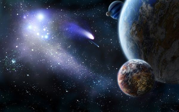 宇宙の惑星と彗星 流れ星 天体 神秘 癒し パワー 絵画風 新素材壁紙ポスター 特大ワイド版921×576mm（はがせるシール式）008W1_画像1