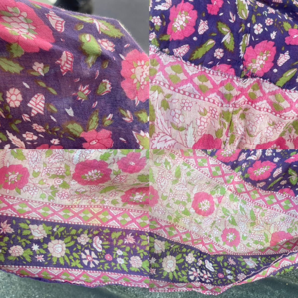 70s vintage インド綿ワンピース 花柄 紫 ガーゼ ビンテージ バルーンスリーブ