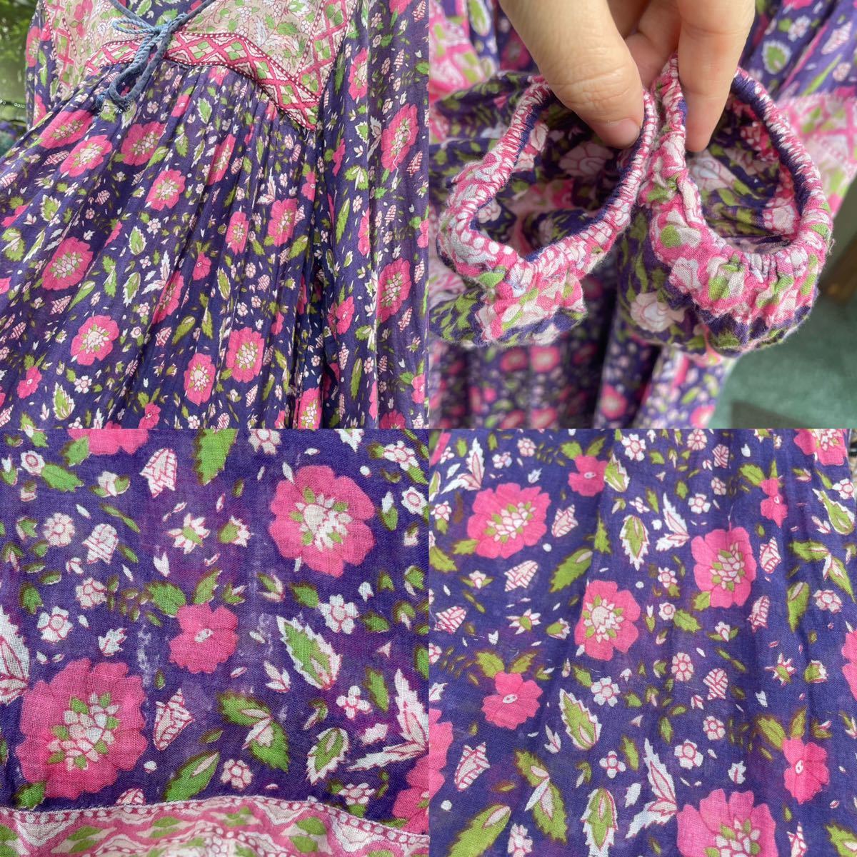 70s vintage インド綿ワンピース 花柄 紫 ガーゼ ビンテージ バルーンスリーブ - 9