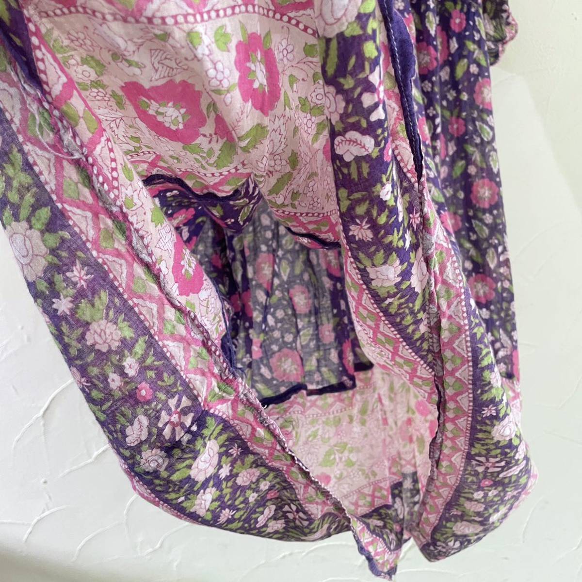 70s vintage インド綿ワンピース 花柄 紫 ガーゼ ビンテージ バルーンスリーブ - 6