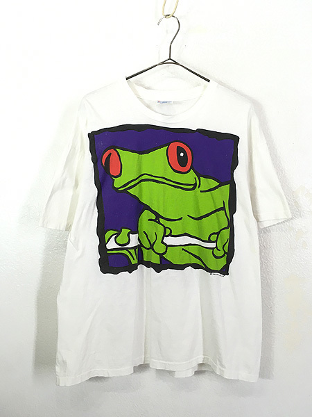 古着 90s USA製 カエル 両生類 イラスト グラフィク デザイン 両面 BIG プリント Tシャツ XL 古着_画像1