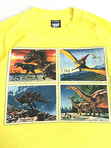キッズ 古着 80s USA製 恐竜 4種連刷 切手 プリント Tシャツ 黄 6歳位 古着_画像2