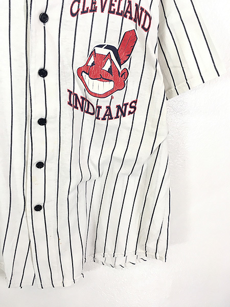 古着 90s USA製 MLB Cleveland Indians ストライプ ベースボール シャツ XL 古着_画像3