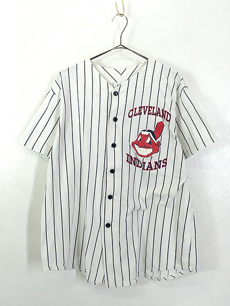 古着 90s USA製 MLB Cleveland Indians ストライプ ベースボール シャツ XL 古着_画像1