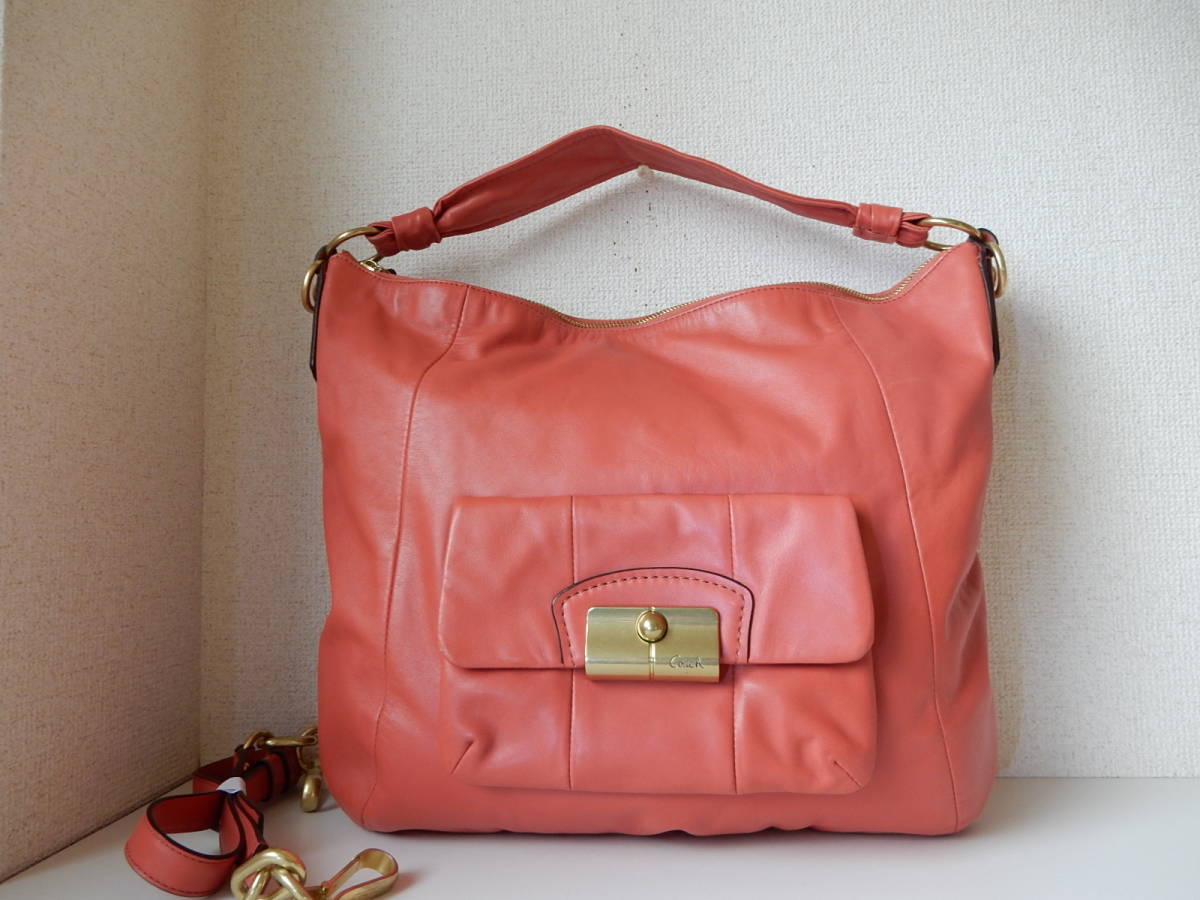 本革☆COACH(コーチ)☆A4対応☆2WAＹショルダーバッグ(ロングショルダー付き)No.G1068-14769 コーラル(金具マットゴールド)