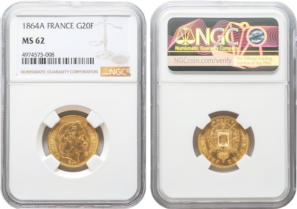 フランス 20フラン金貨 1864年A 未使用品 ナポレオン3世有冠 NGC(MS62