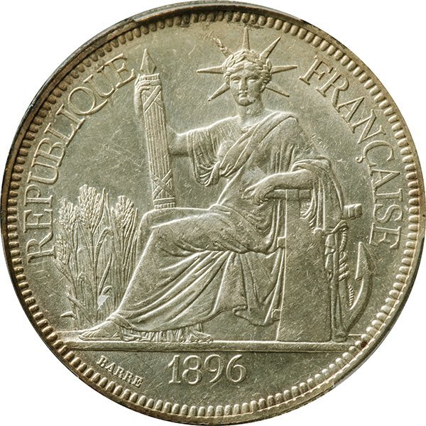 仏領インドシナ　1ピアストル銀貨　1896年A　軽クリーン未使用品　座像の女神　PCGS(Cleaned-UNC Detail）_画像2