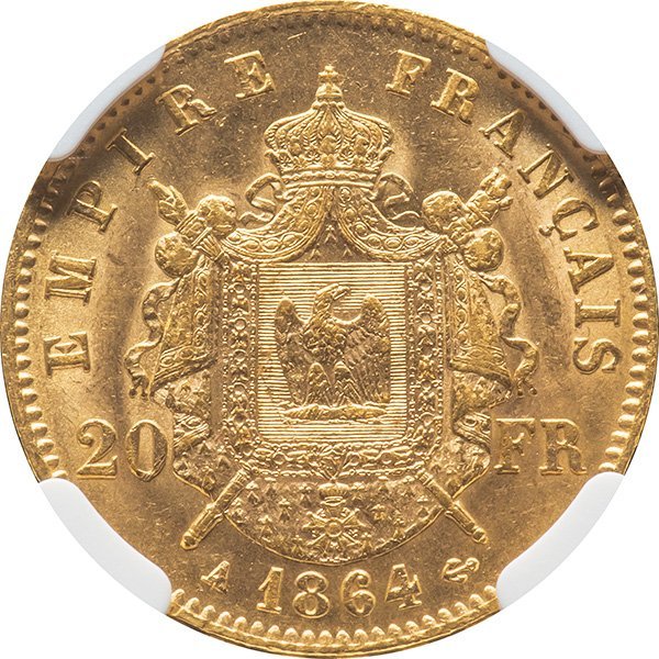 フランス 20フラン金貨 1864年A 未使用品 ナポレオン3世有冠 NGC(MS62