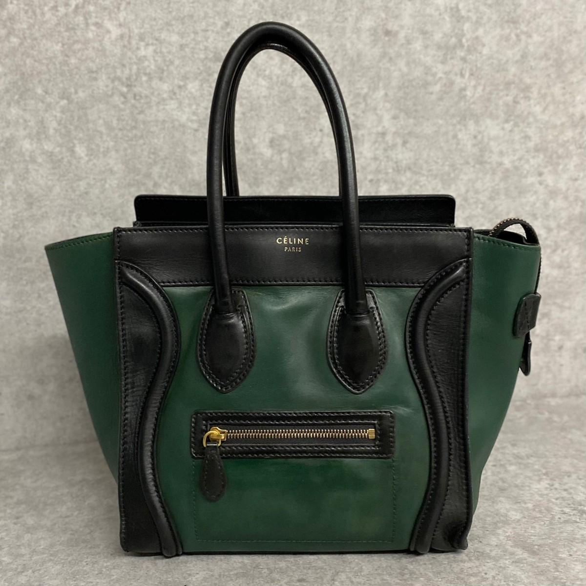 1円 美品 超希少 CELINE セリーヌ ラゲージ マイクロショッパー トートバッグ ハンドバッグ バイカラー ブラック グリーン 45738_画像1