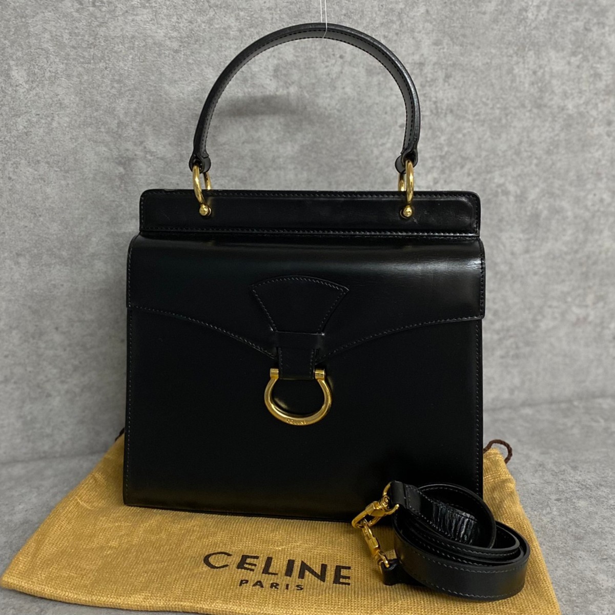 1円 ほぼ未使用 保存袋付き CELINE セリーヌ 金具 カーフレザー 本革 2way ハンドバッグ ミニ ショルダーバッグ ポシェット ブラック 31071_画像1