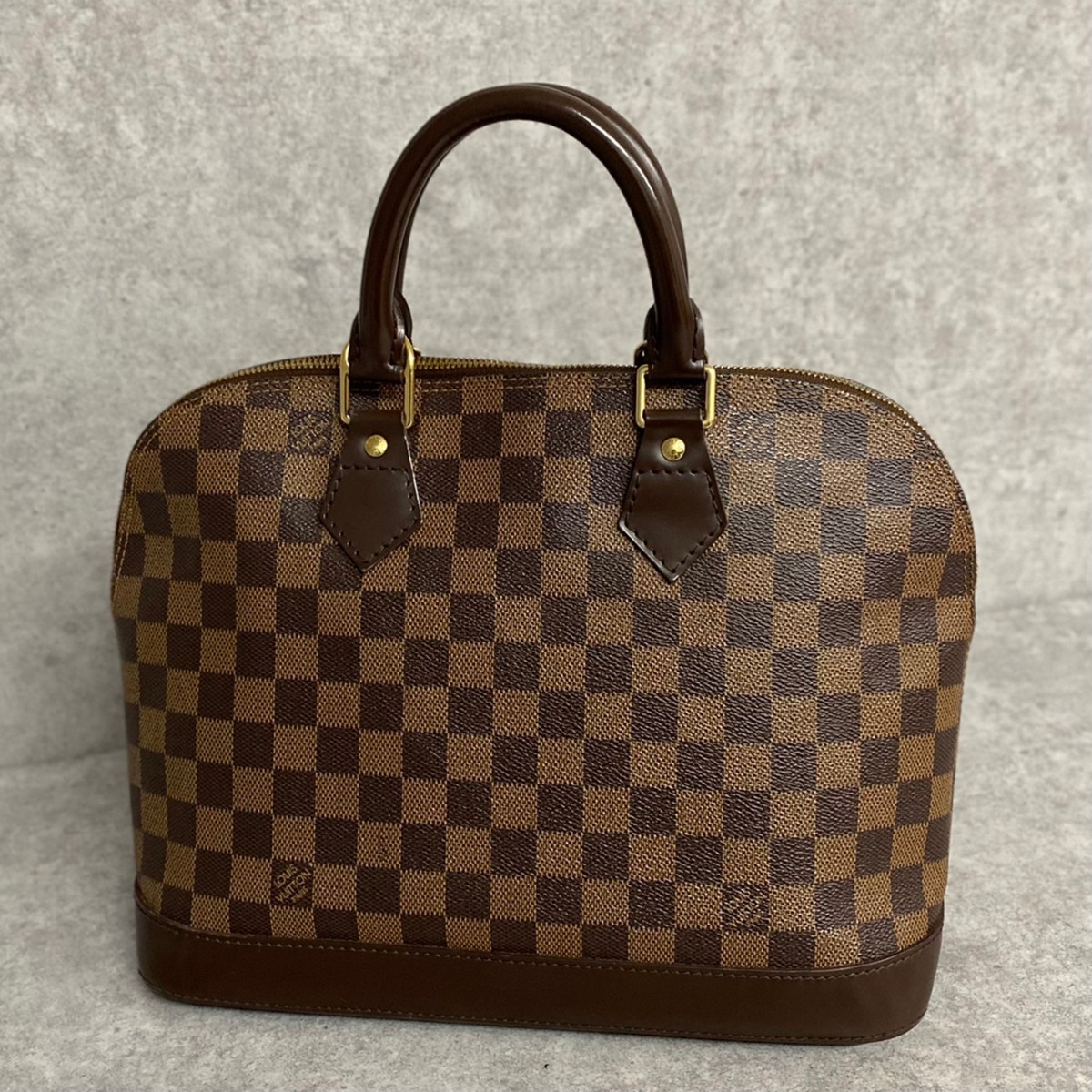 1円 極 美品 希少 LOUIS VUITTON ヴィトン アルマ ダミエ エベヌ レザー トートバッグ ハンドバッグ ボストンバッグ ブラウン 03351_画像1