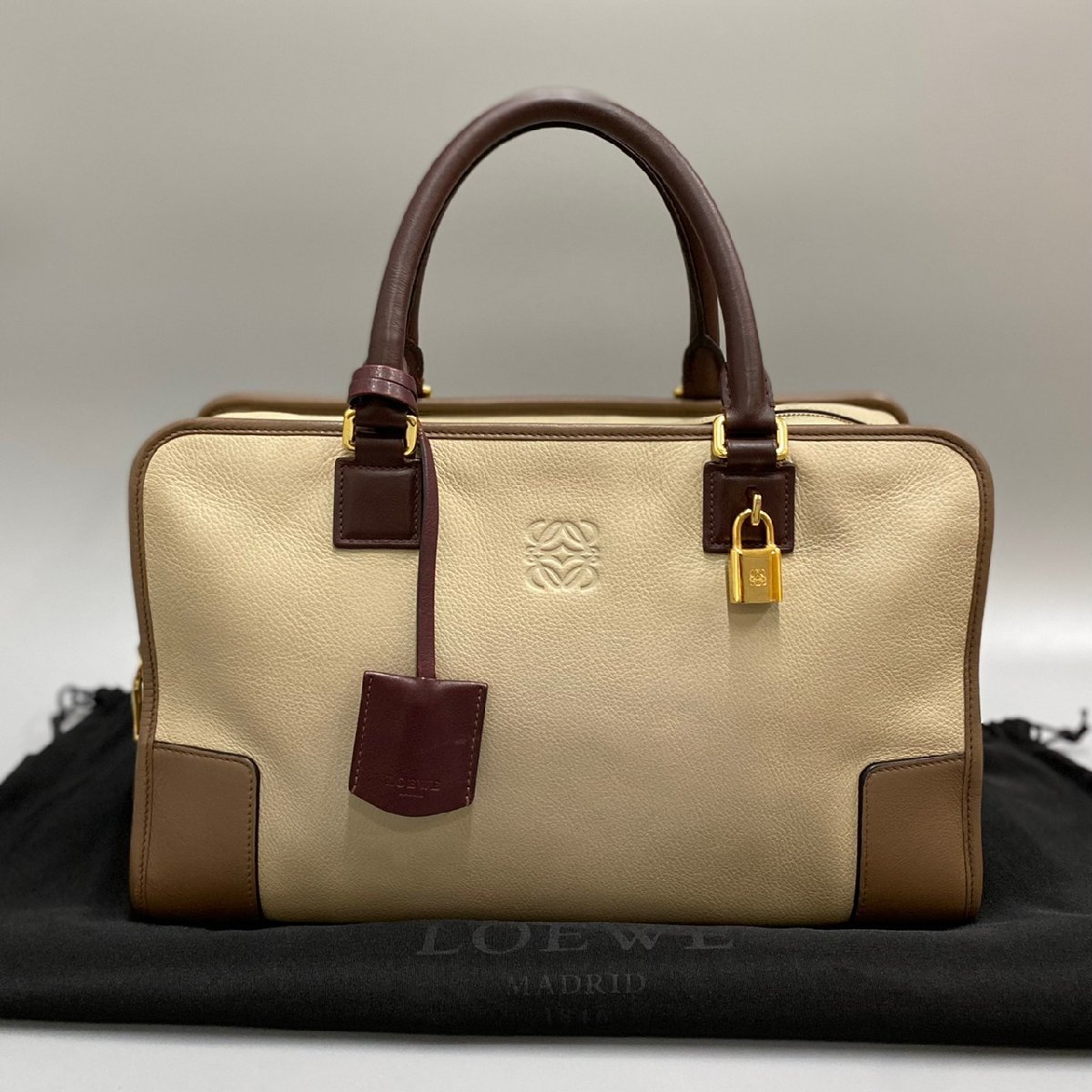 1円 極 美品 保存袋 鍵 付き LOEWE ロエベ アマソナ 36 ロゴ レザー 本革 トートバッグ ハンドバッグ ブラウン アイボリー 16182