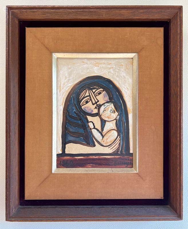 モノクロ肉筆画 母子と農具の肖像画 力強い表情 M20号額縦86cm横64cm モノクロ肉筆画 母子と農具の肖像画 力強い表情 M20号額縦86cm横