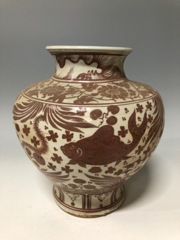 Cs701『G県Gさまより蒐集品放出』中国 元時代 辰砂 釉裏紅 魚藻図 大壺