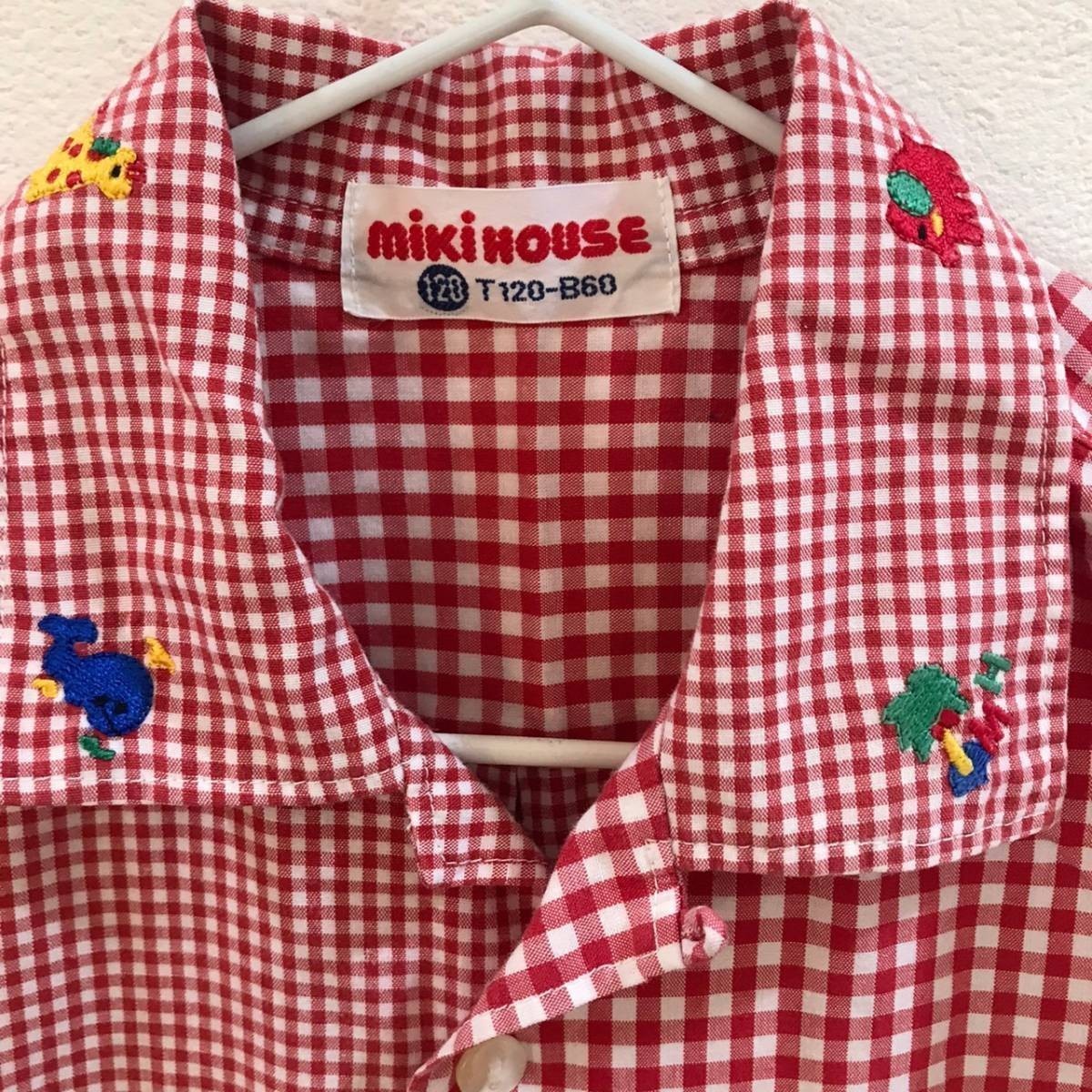 * stylish excellent article *MIKI HOUSE/ Miki House short sleeves silver chewing gum check vintage shirt red red Kids 120 ON3060