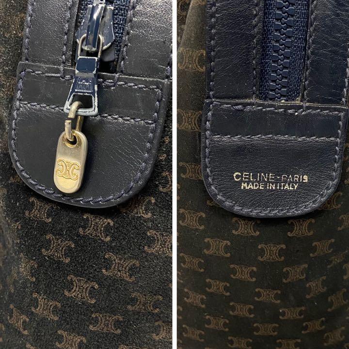 CELINE セリーヌ ミニボストンバッグ マカダム柄 トリオンフ ロゴ レザー スウェード ハンドバッグ 総柄 ネイビー 紺 ビンテージ