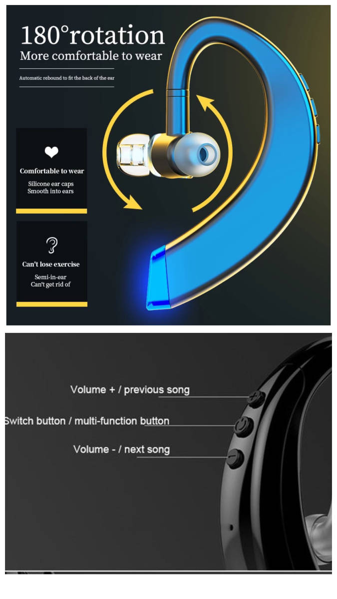 Bluetooth　イヤホン　ワイヤレスイヤホン 耳掛け型　イヤフォン イヤホンマイク 片耳　USB 充電 高音質 超軽量　テレワーク　ブラック_画像5