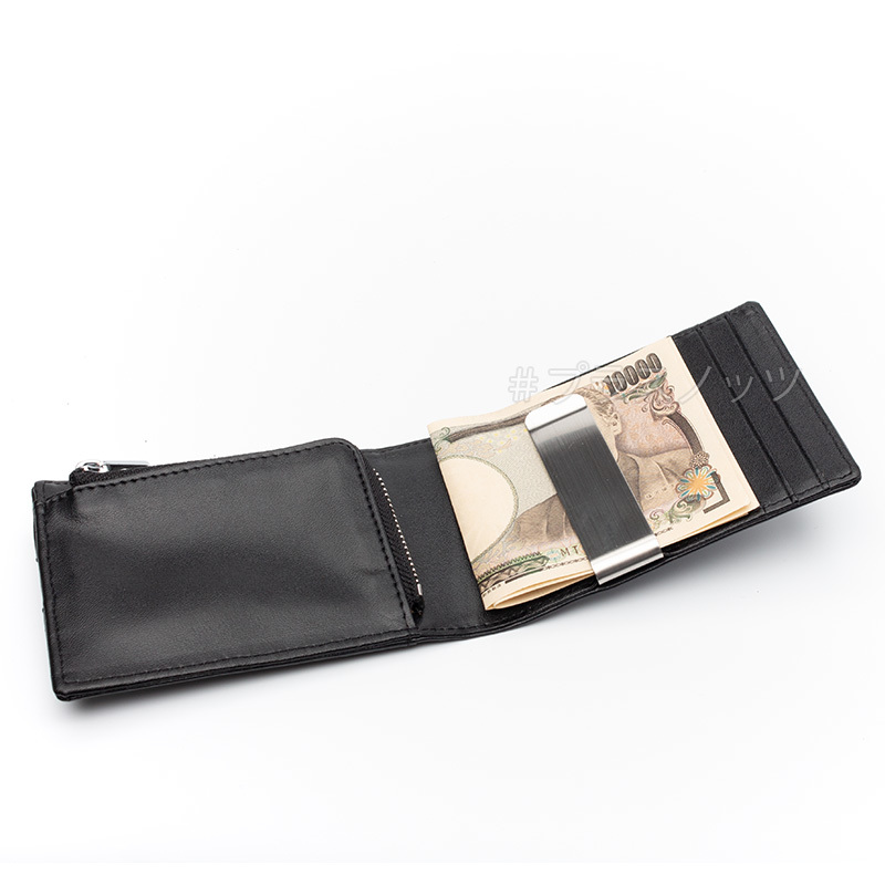 メンズ財布 マネークリップ 小銭入れ付き 二つ折り財布【ブラック+ブラック】小さい財布 薄い財布 コンパクト財布 メンズ 財布
